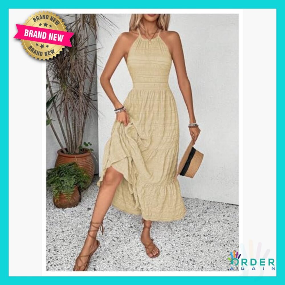 Halter Backless A-Line Maxi Dress Ruffle Hem Flowy Summer Boho Chic - Picture 4 of 6